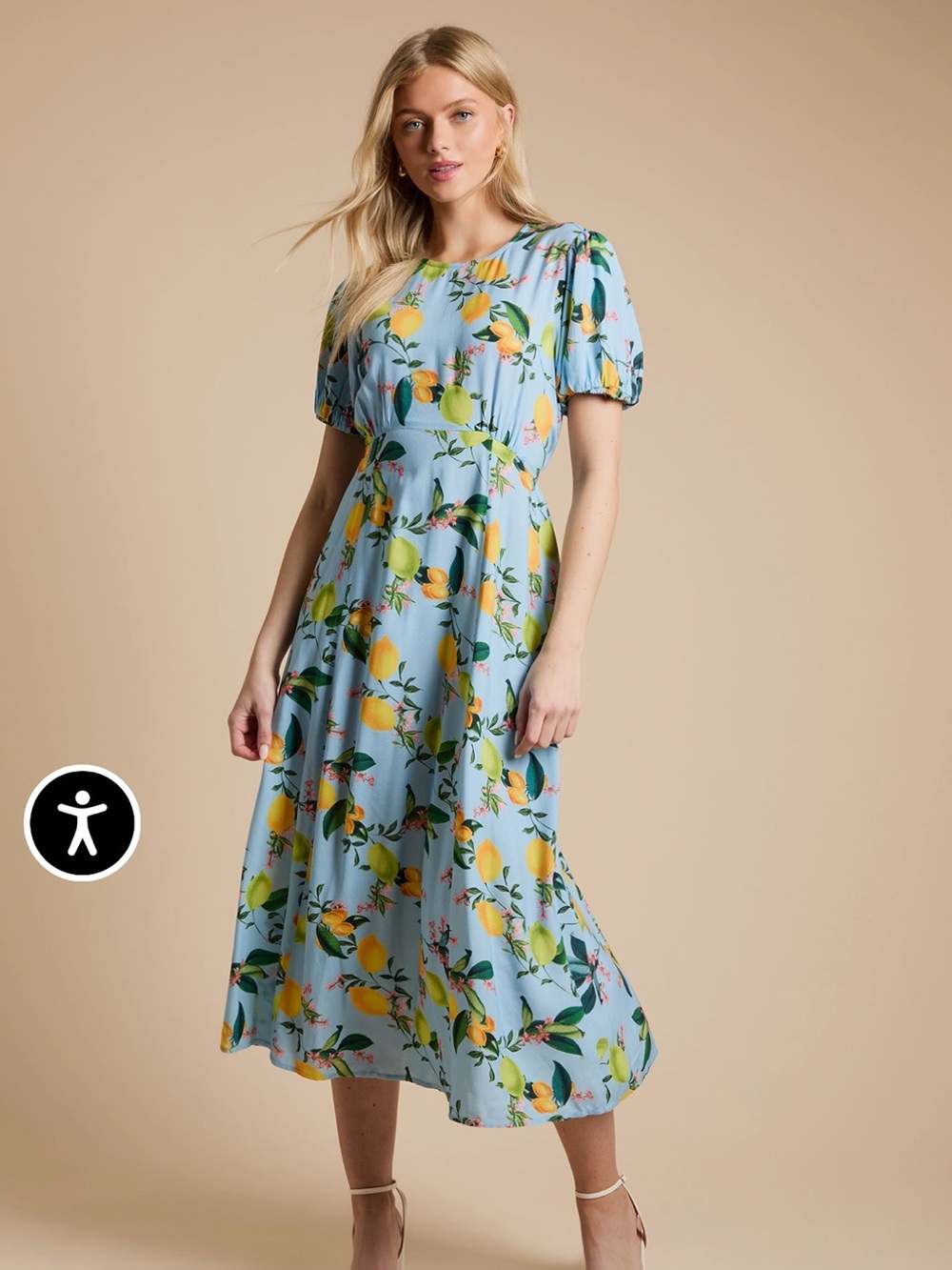 PRETTY LITTLE THING LEMON EMPIRE SEAM PUFF SLEEVE MIDI DRESS SIZE